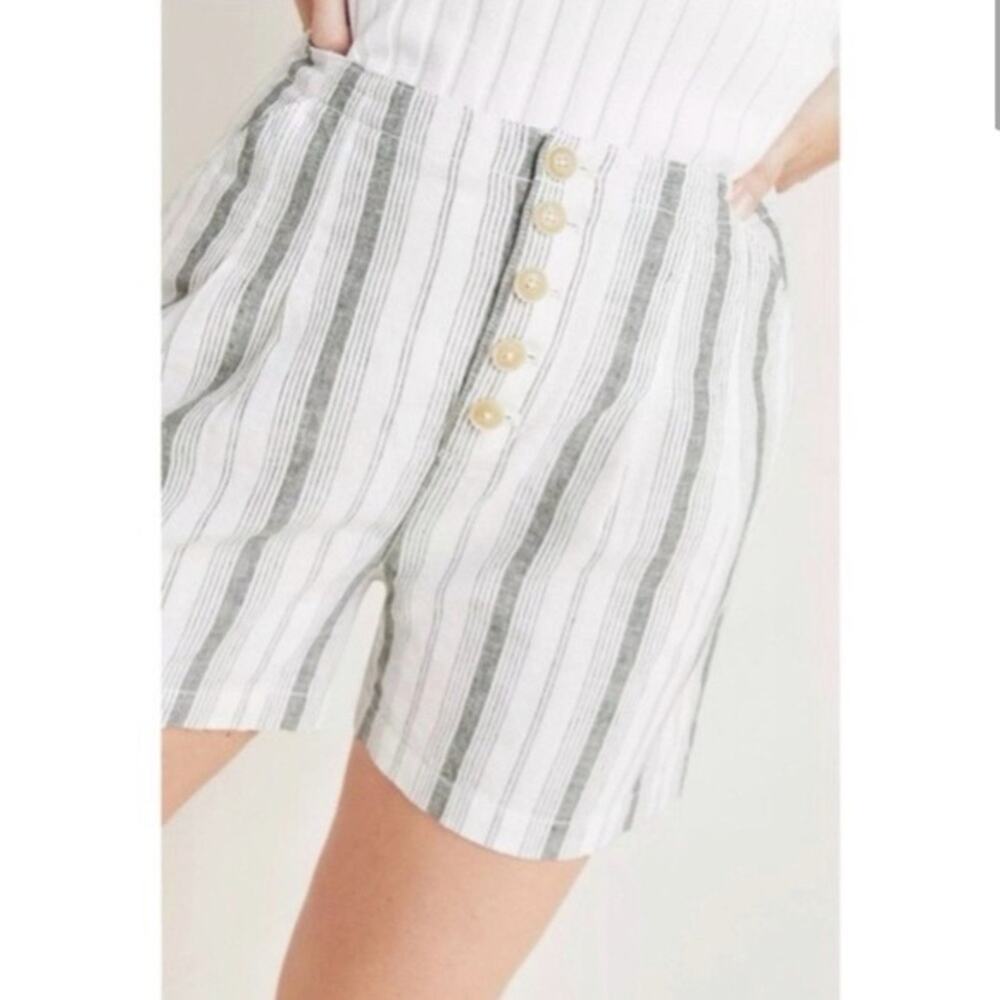 Anthropologie | High Rise Linen Shorts Green Striped